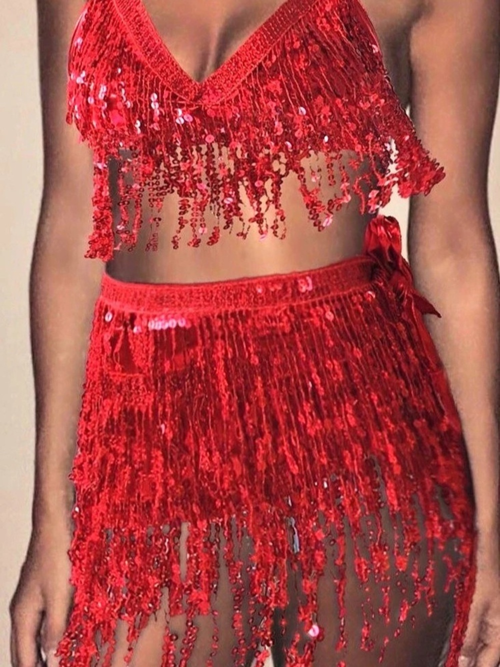 Soleia Fringe Sequin Halter Top And Mini Skirt Set Red